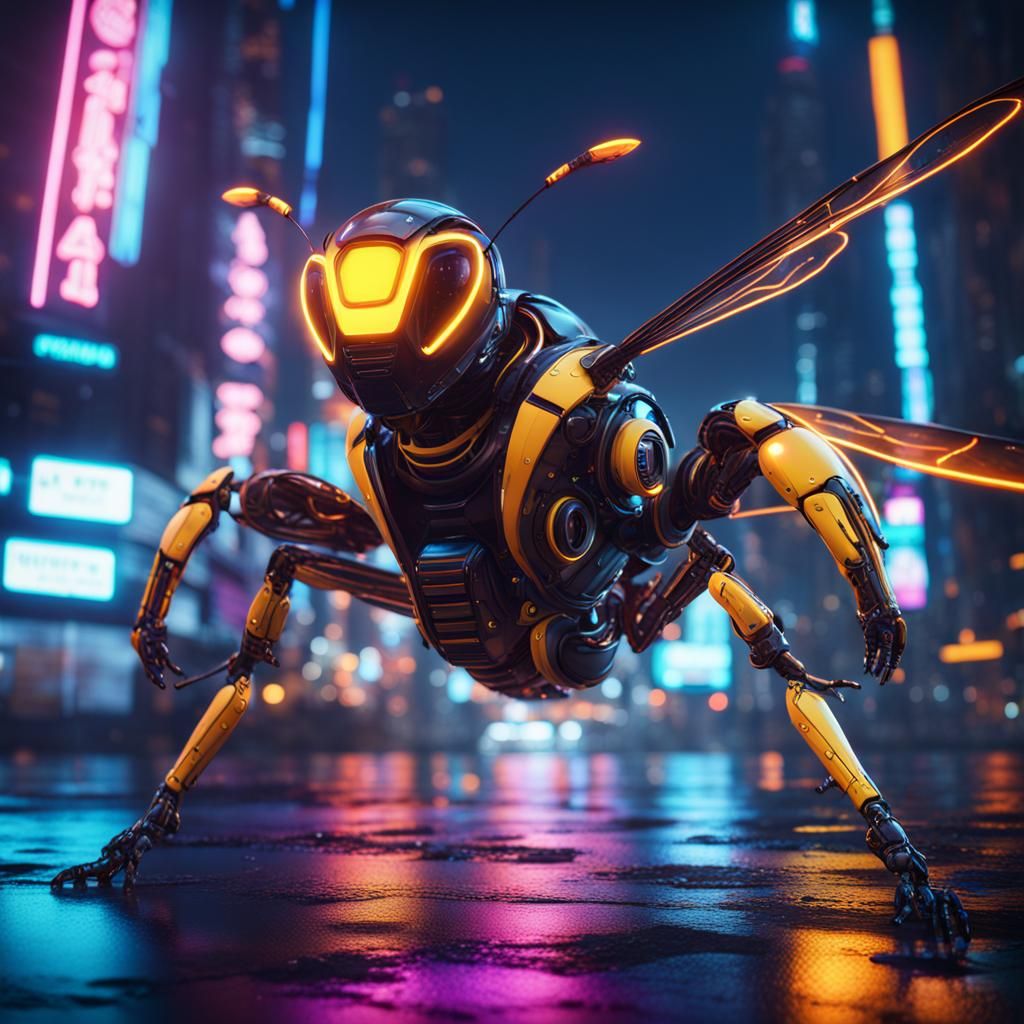Robot Wasp Flying Through Futuristic Neon City