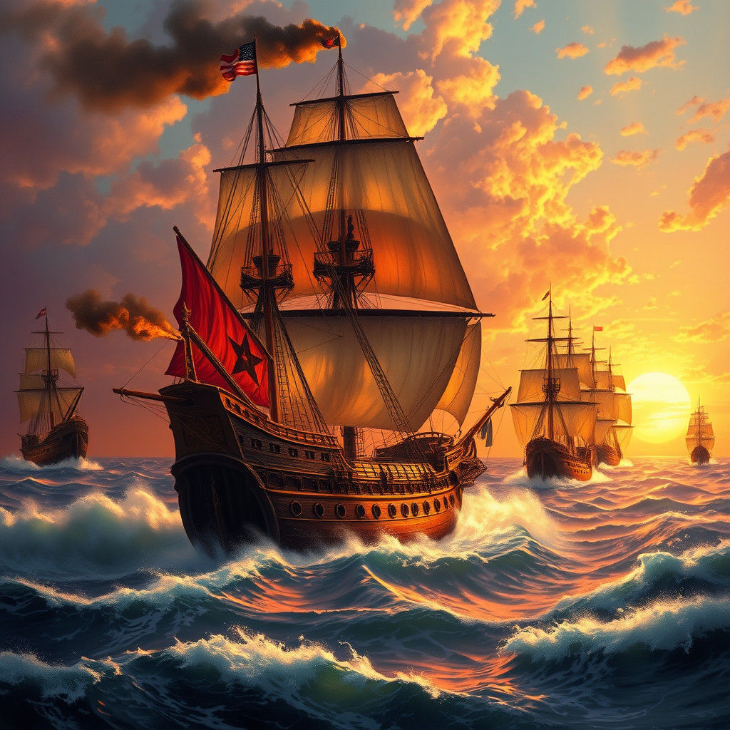 Burning Pirate Ship Pursued on Stormy Seas