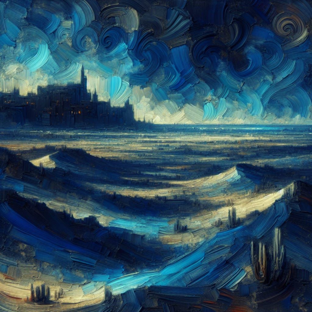 Surreal Blue Desert Cityscape in Expressive Impasto Style