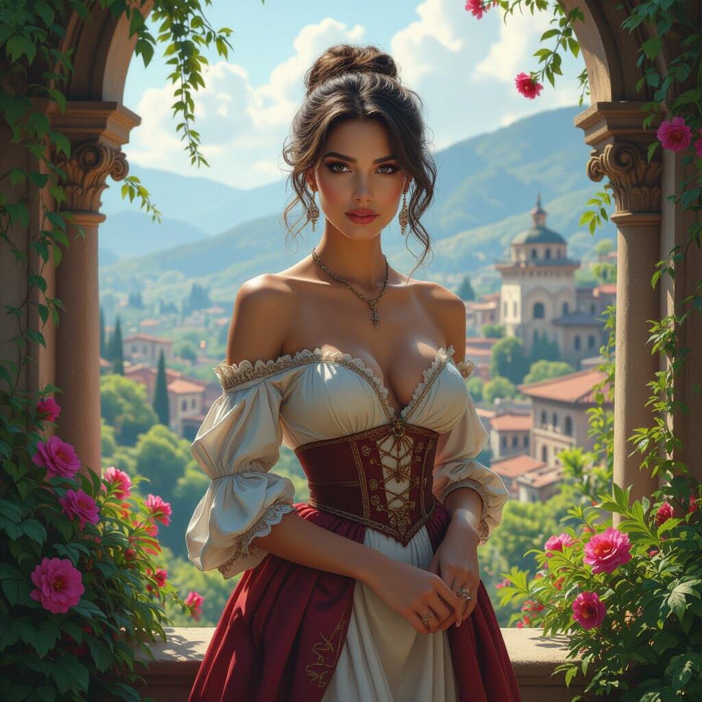 Elegant Italian Woman in Lush Fantasy Landscape