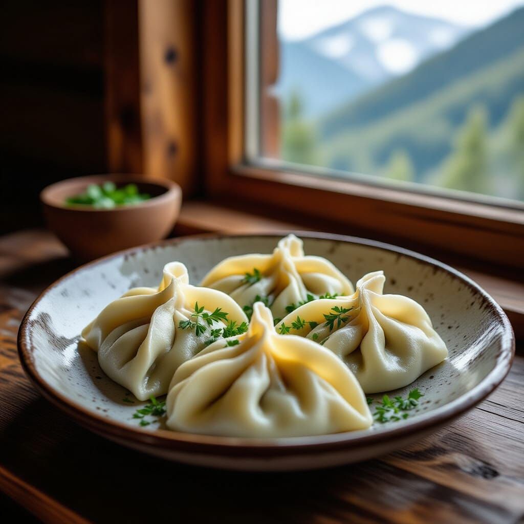 Steamed Manti Served on Rustic Plate with Forest View