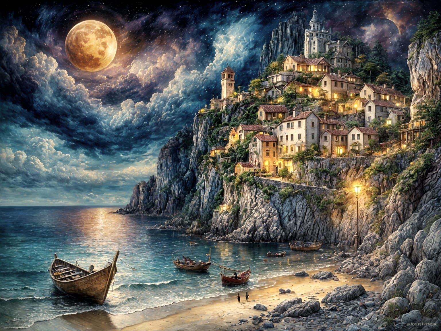 Whimsical Village on Rugged Cove Under Blood Moon