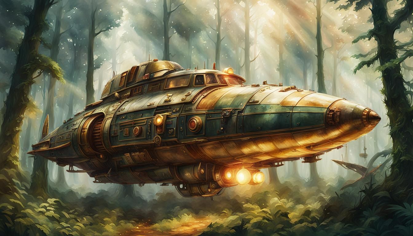 Steampunk Starship Wreck in Misty Forest