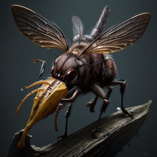 Detailed Fly Feasting on Decaying Banana