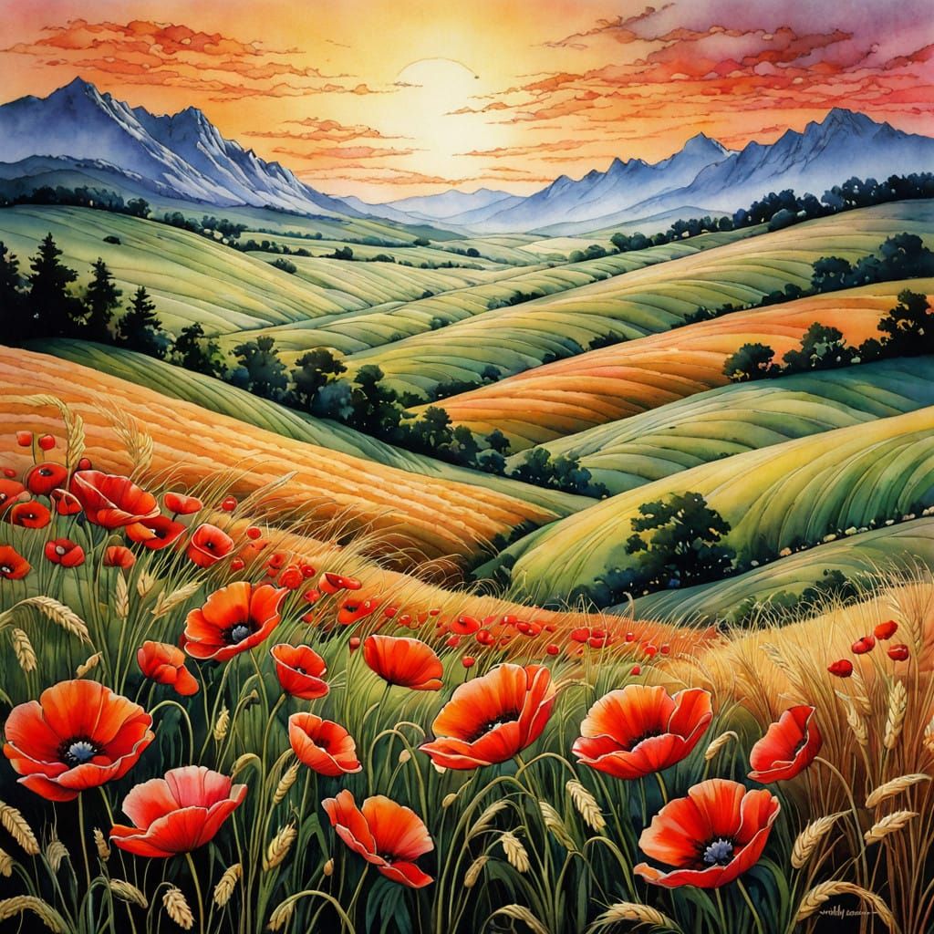 Whimsical Poppies in a Vibrant Wheat Field