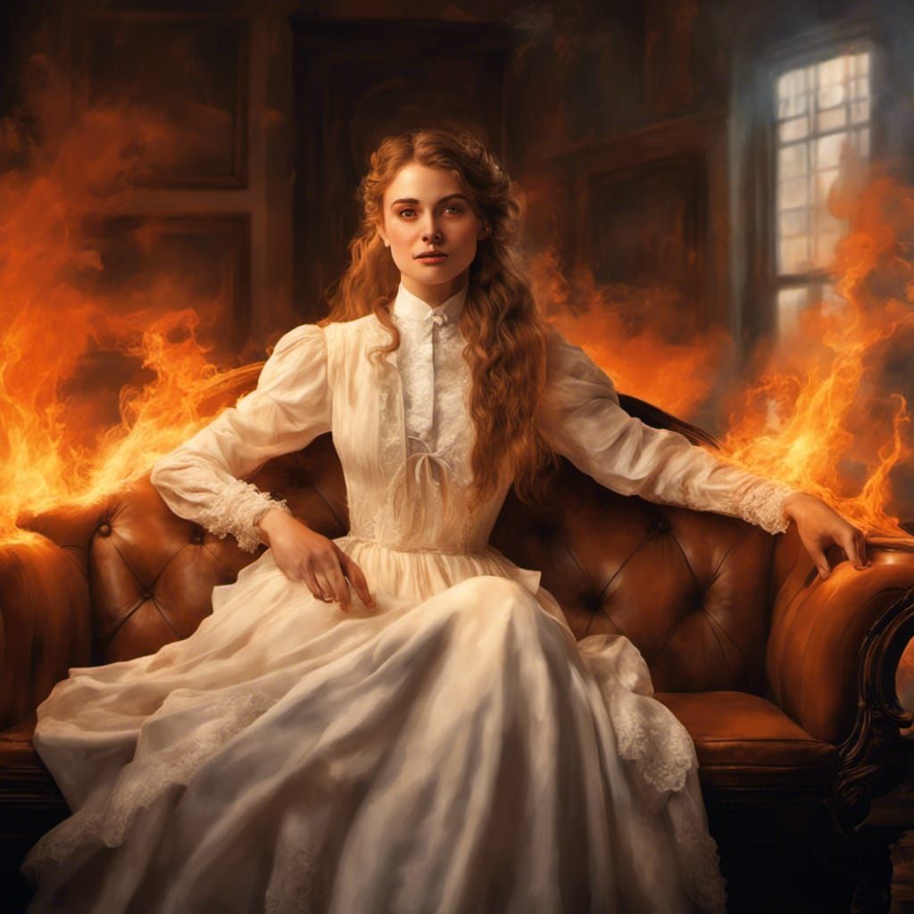 Woman in Burning Room: Hyperrealistic Concept Art