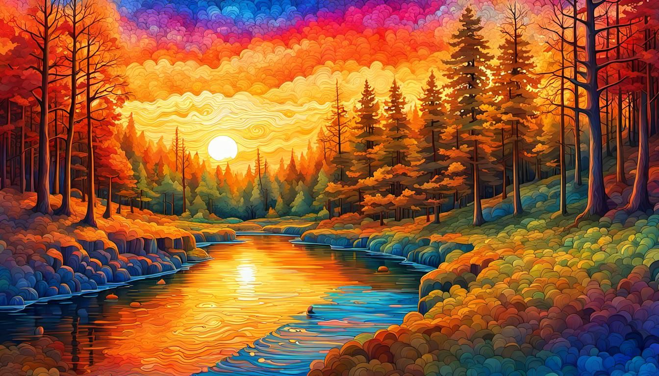 Colorful Watermill Scene with Mosaic Sky