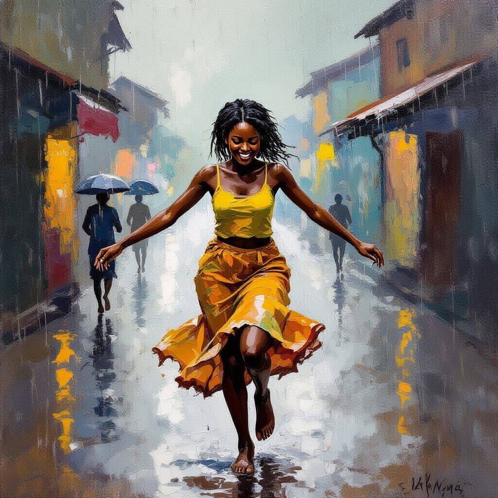 Joyful Senegalese Woman Dancing in Rainstorm