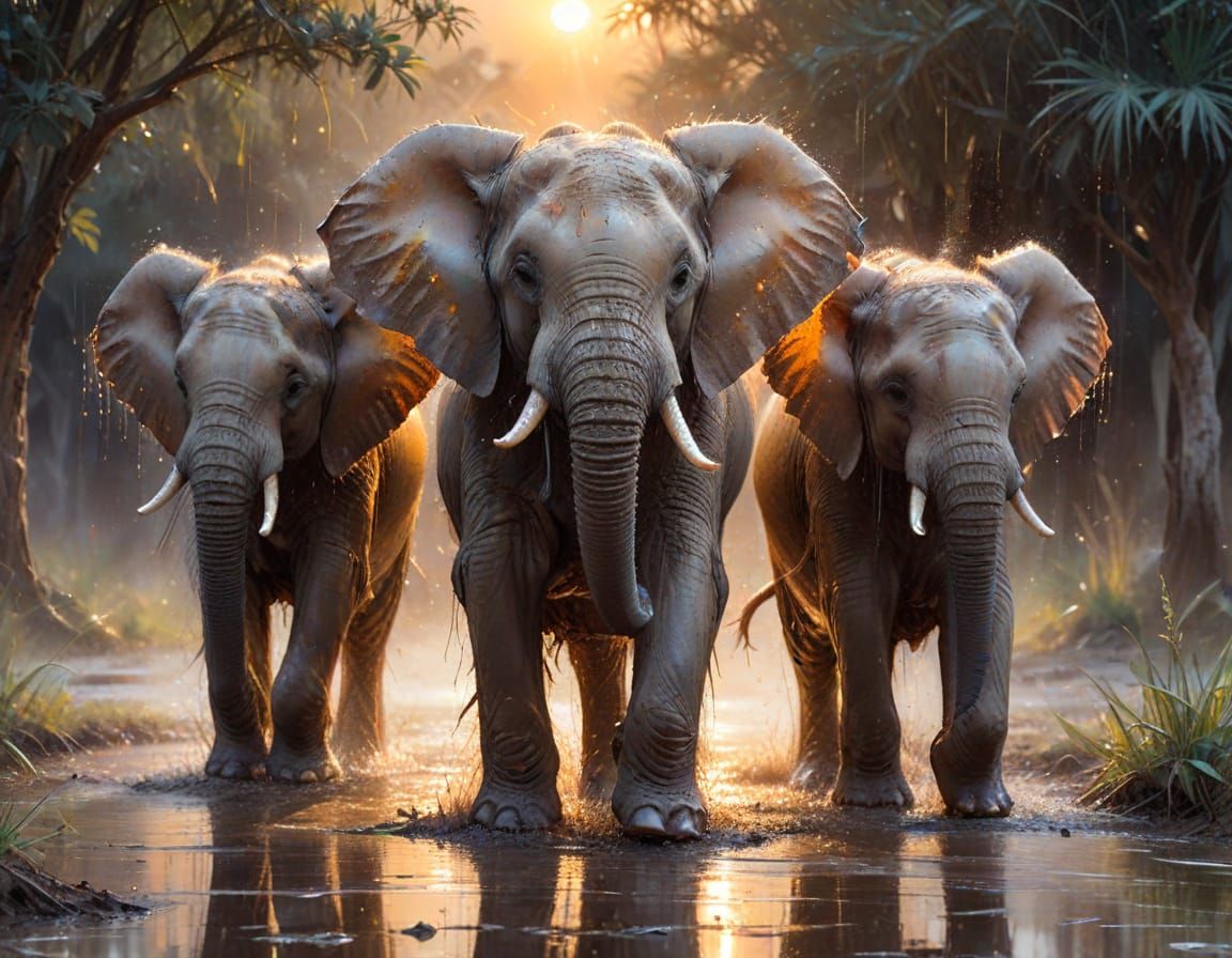 Elephant Calves in Monsoon, Watercolor Summerscape