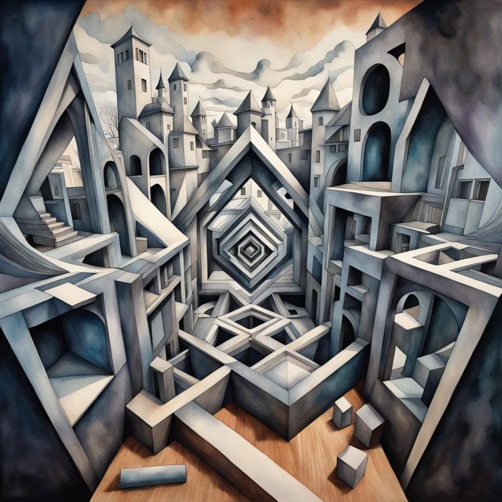 Escher-Inspired 3D Geometry in Surrealist Bauhaus Style