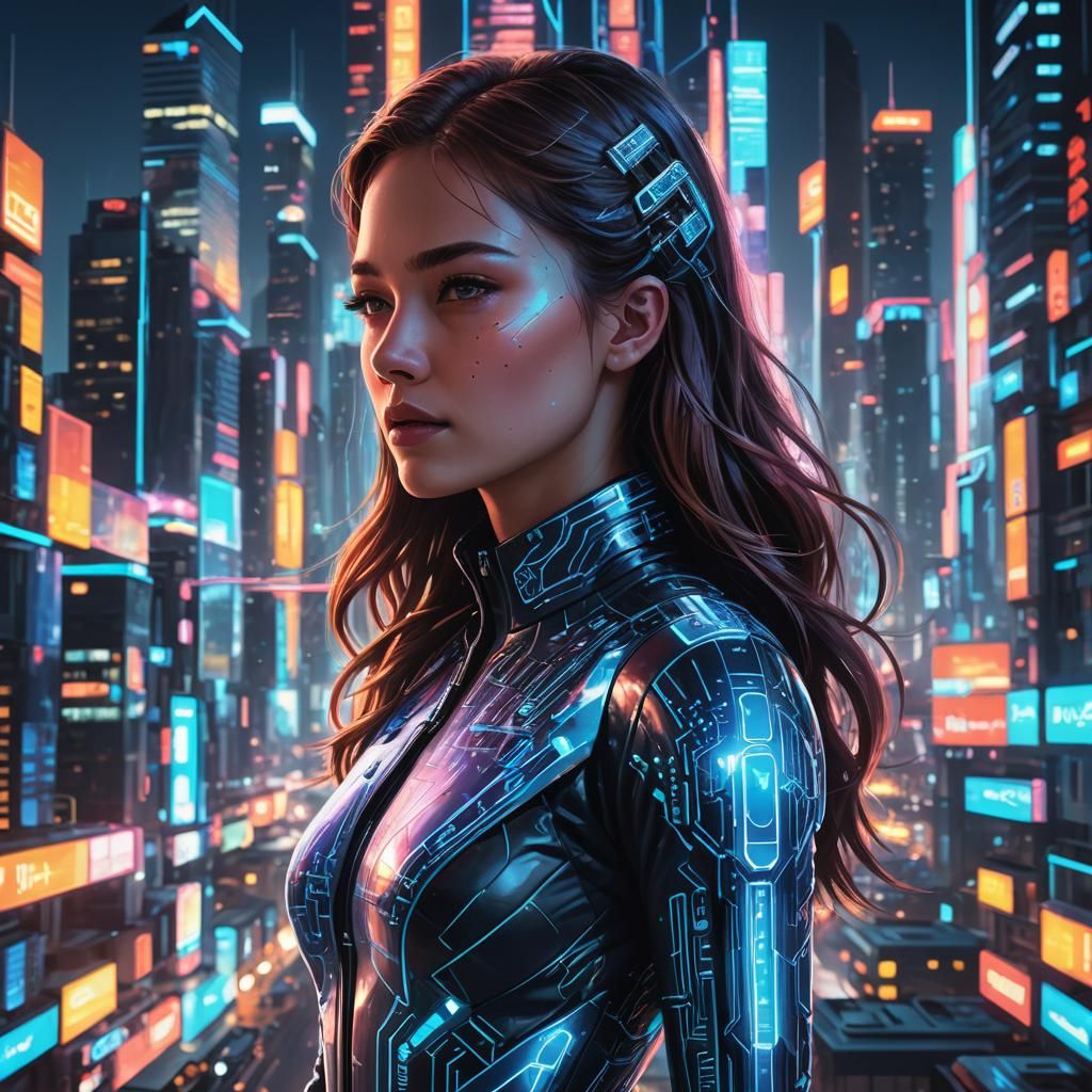 Futuristic Hologram in Neon Cityscape