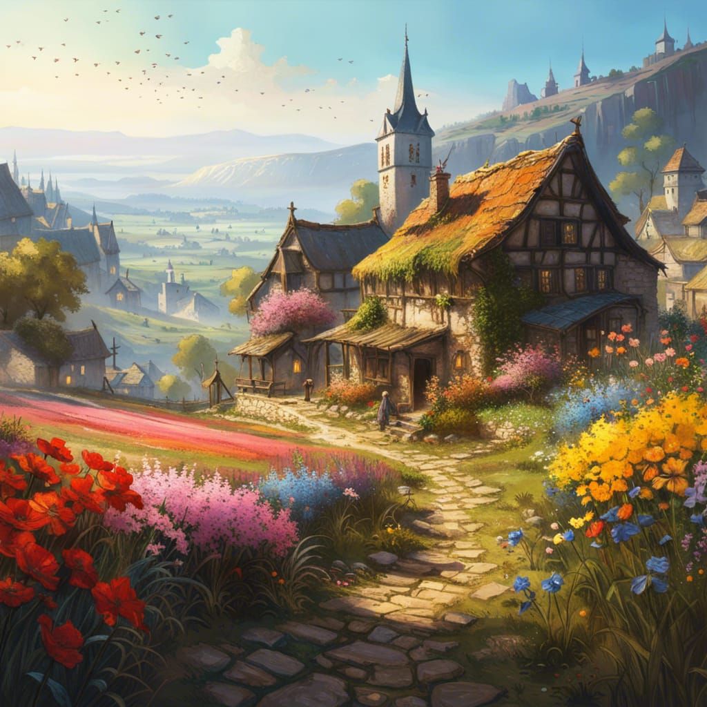 Enchanting Medieval Village Landscape in Photorealistic Styl...