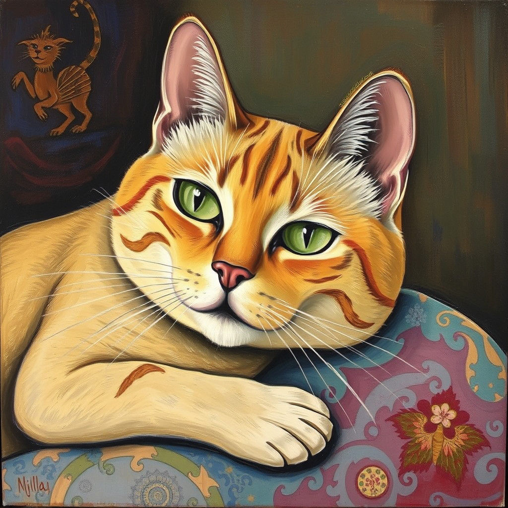 Cubist Cat Portrait in Style of Pirosmani and Braque