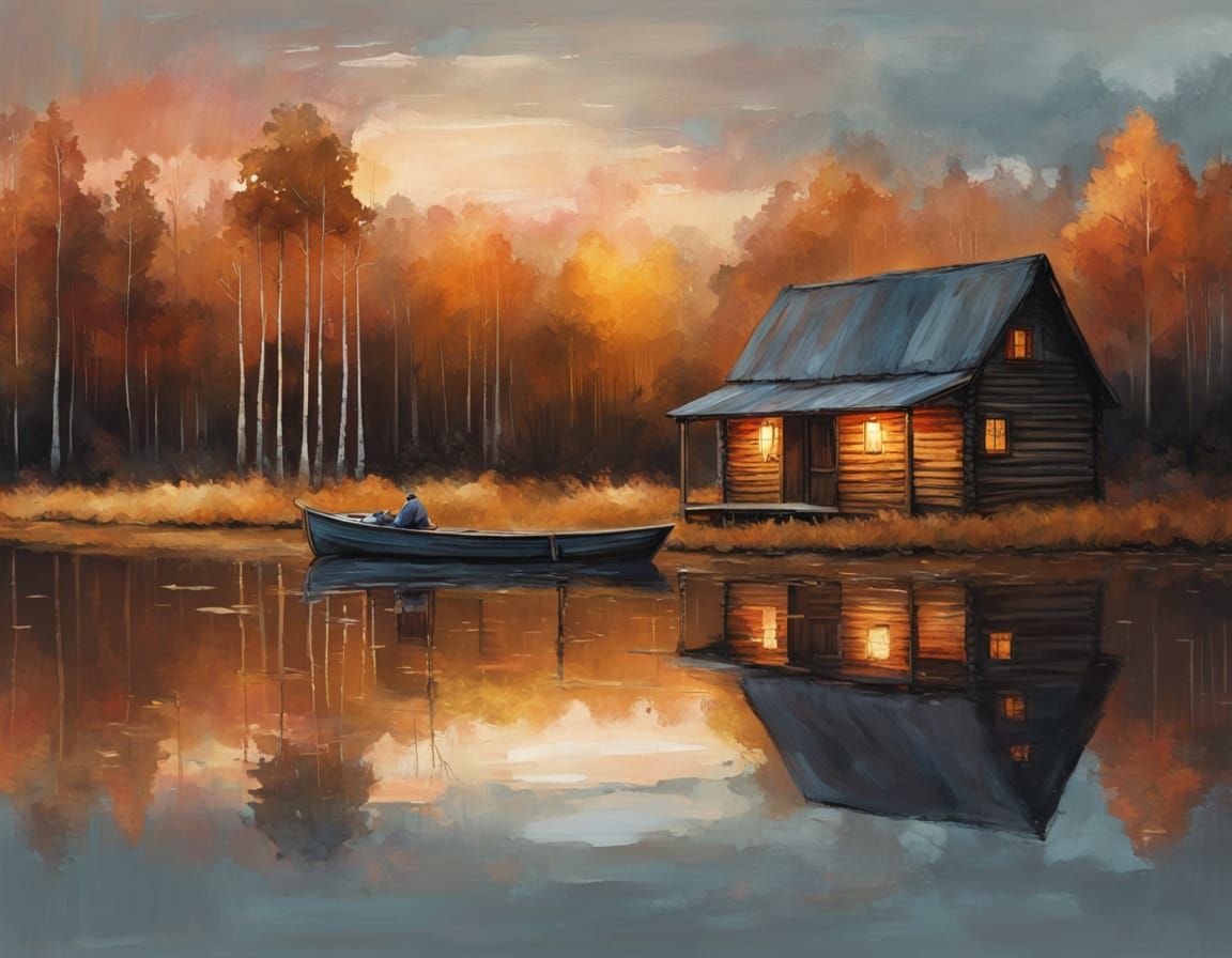 Misty Mountains Cabin at Sunset, Allegory Style