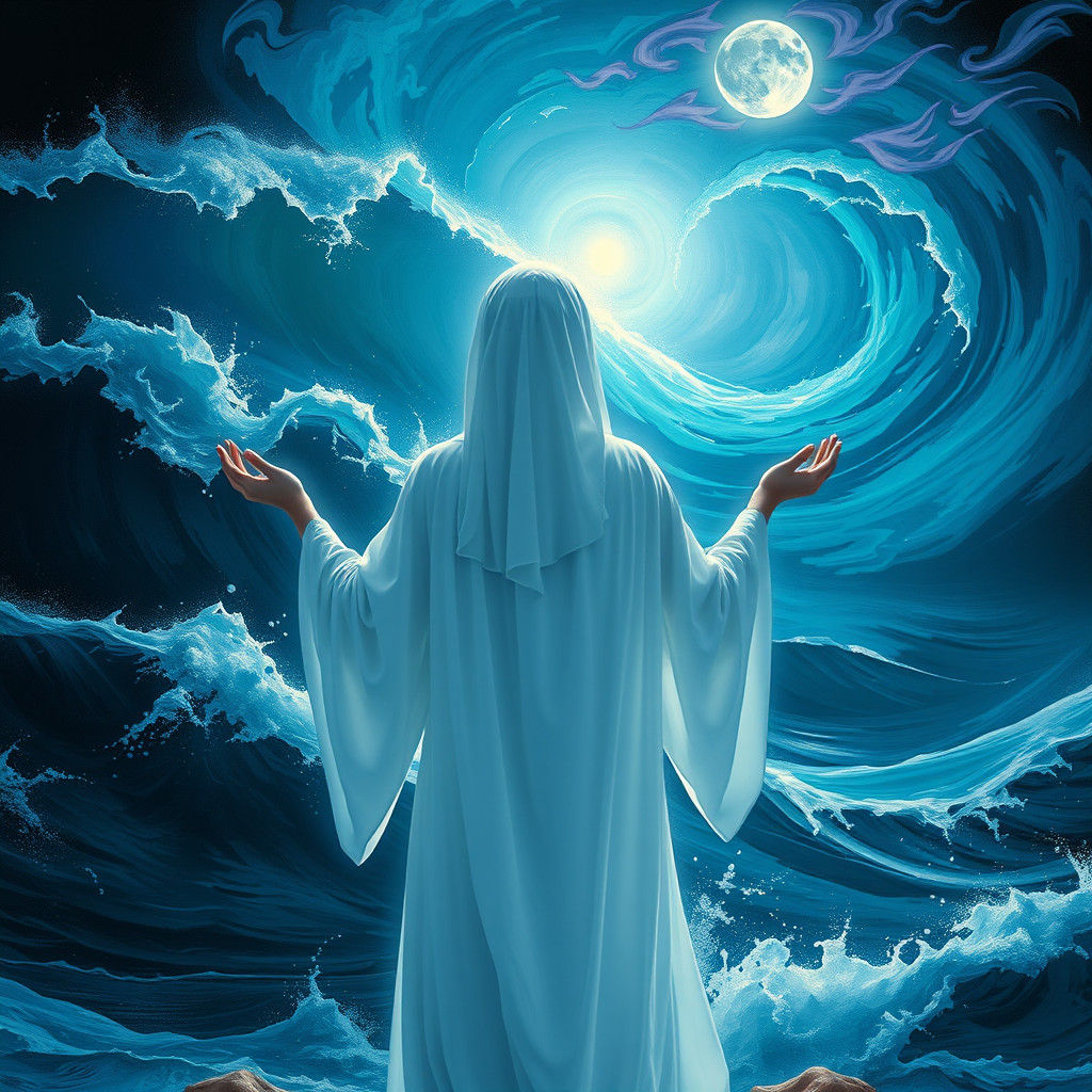 Mystic Figure Summons Waves with Ethereal Light