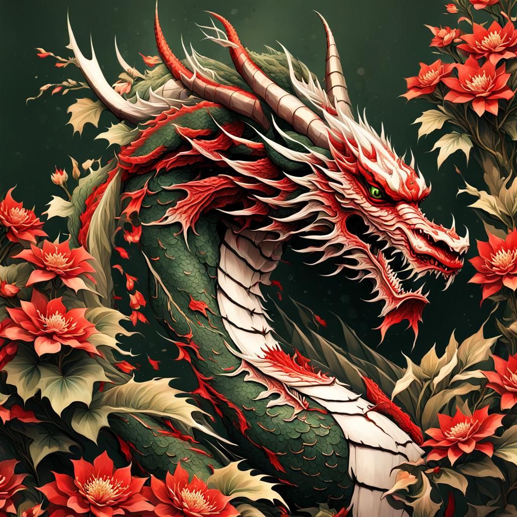 Japanese Style Dragon Made of Flowers and Leaves