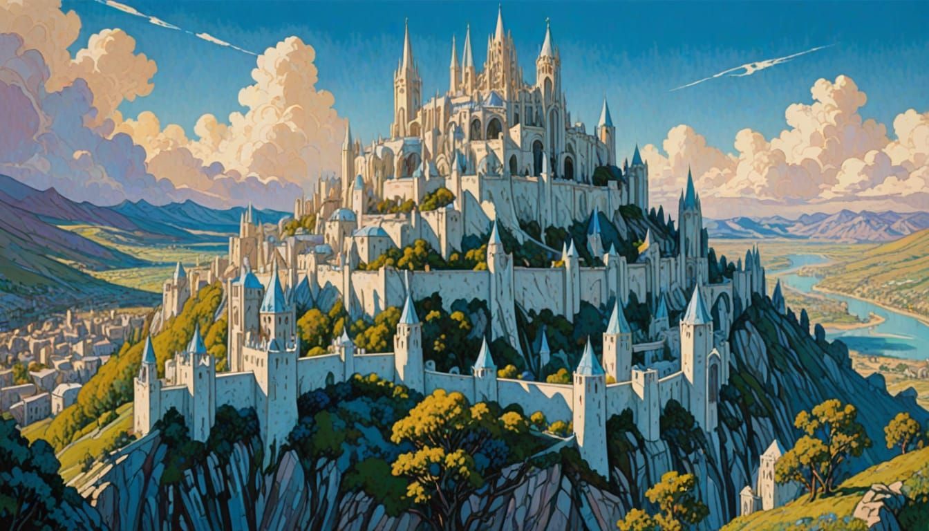 Gondor's Majestic Minas Tirith Under a Bright Blue Sky