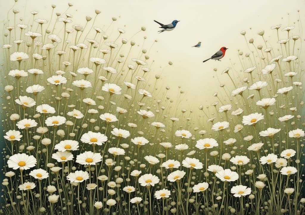 White Flowers Landscape in Watercolor Style