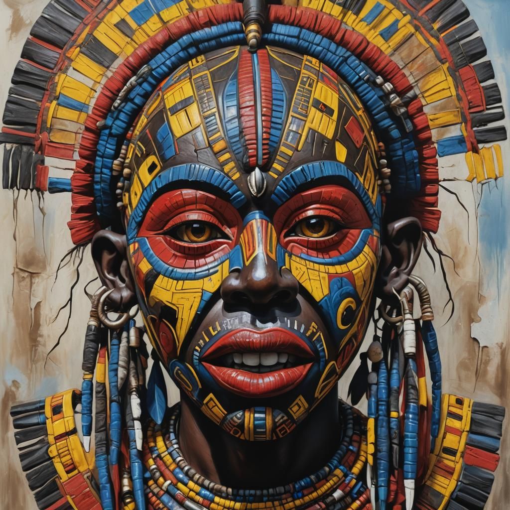 African tribal mask. Very bright colours. Hyper realistic oil painting. Red and yellow eye surrounds.black cheekbones. B...
