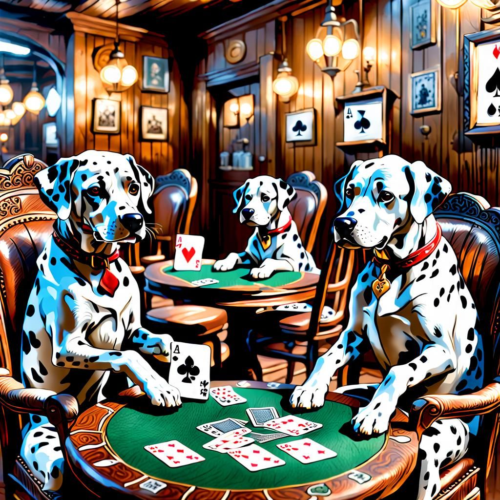 Hyperrealistic Dalmatian Dogs Play Cards in Saloon