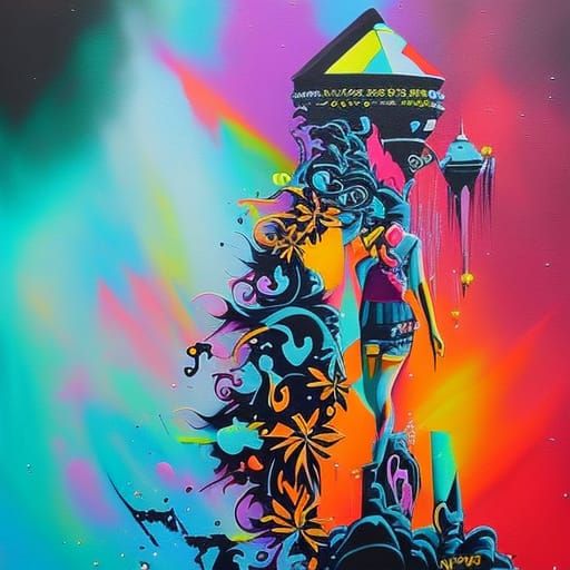 Colorful Graffiti Art of Woman at Pyramid