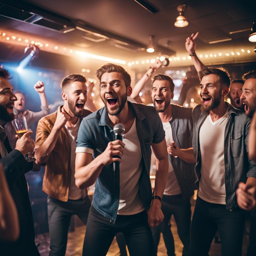 Men Enjoying Karaoke and Dancing at a Bar
