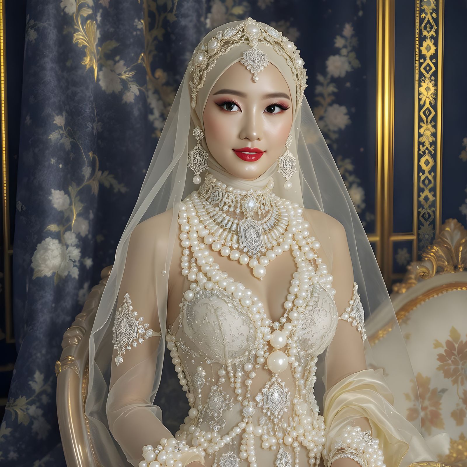 Elegant Woman with Pearl Jewelry in Art Nouveau Style