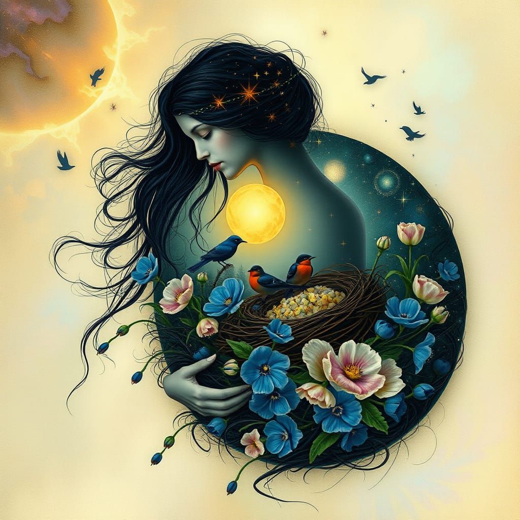 Dreamlike Concept Art: Woman, Nest of Stars, and Nature