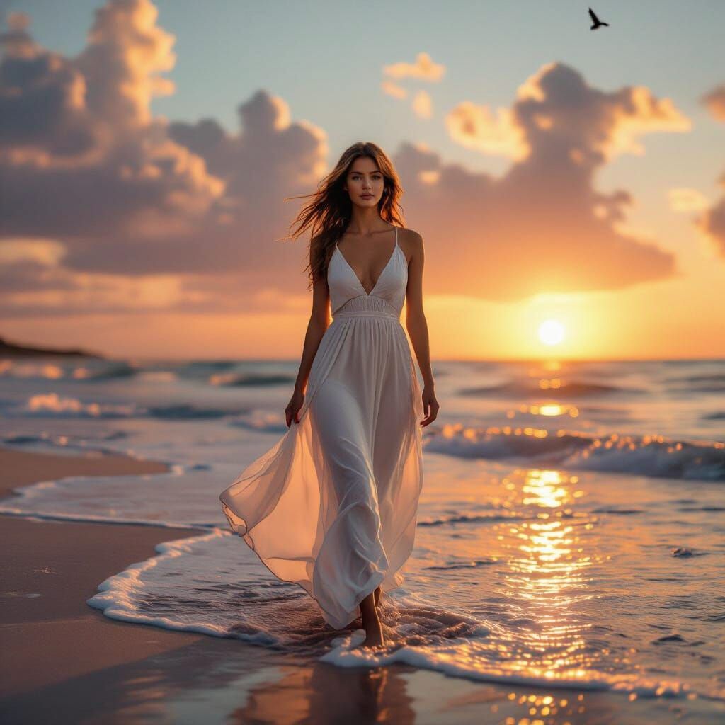 Woman Walking Beach at Golden Hour Sunset