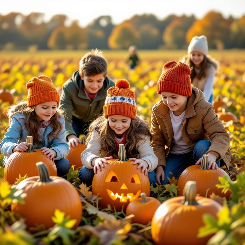 Kids Joyfully Hunt for Pumpkins in Patch