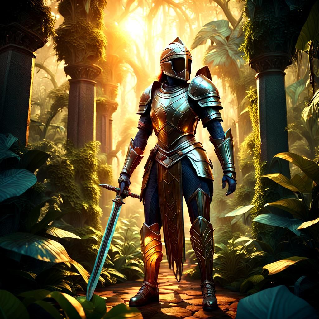 Heroic Knight at Jungle Temple: 3D Videogame Graphics