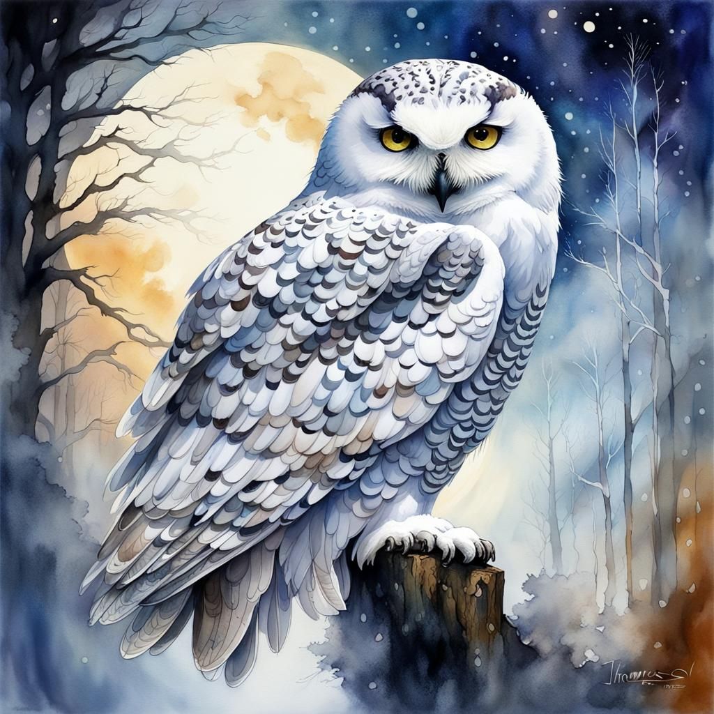 Hedwig the Snowy Owl in Alcohol Ink Style