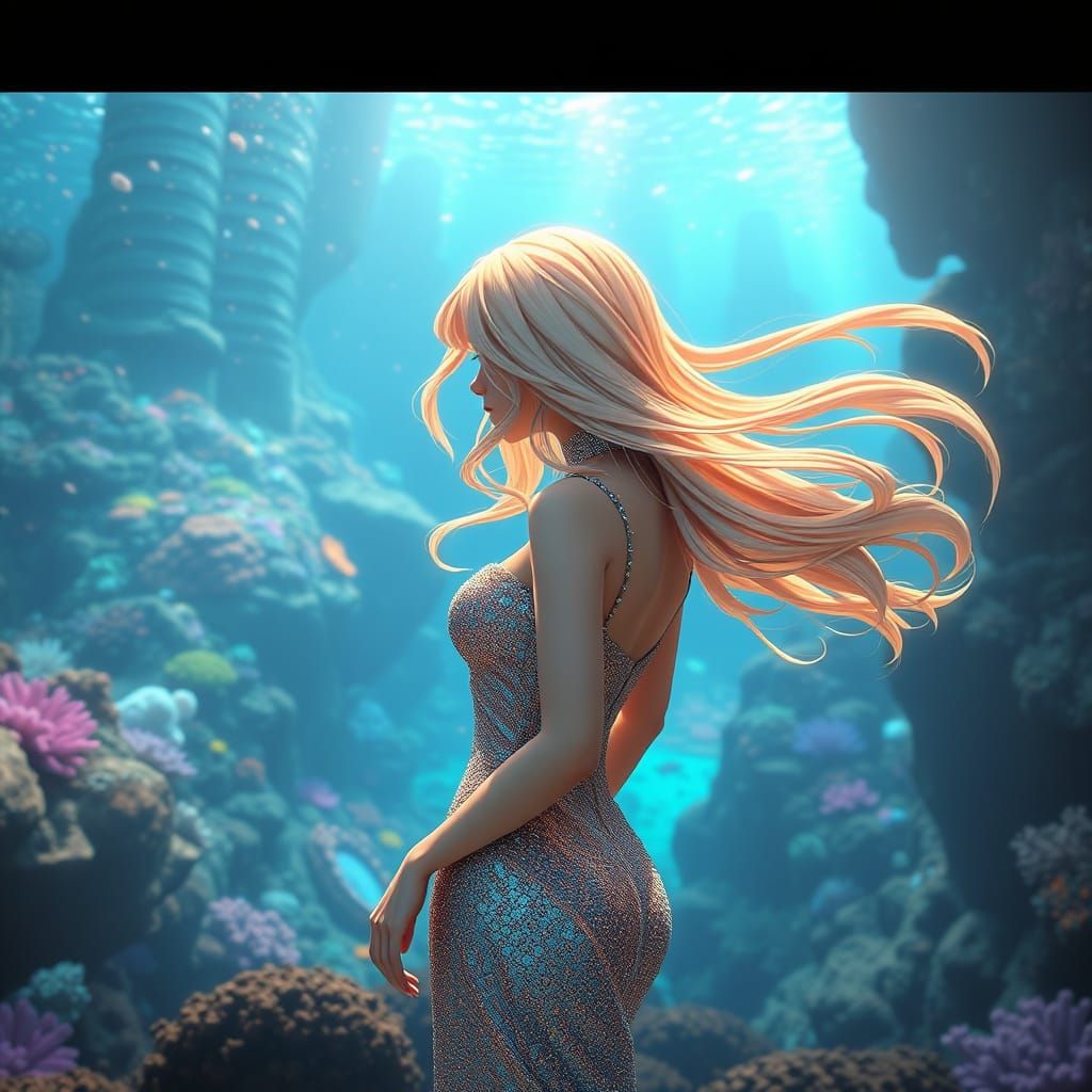 Hyperrealistic Mermaid in Anime-Inspired Underwater City