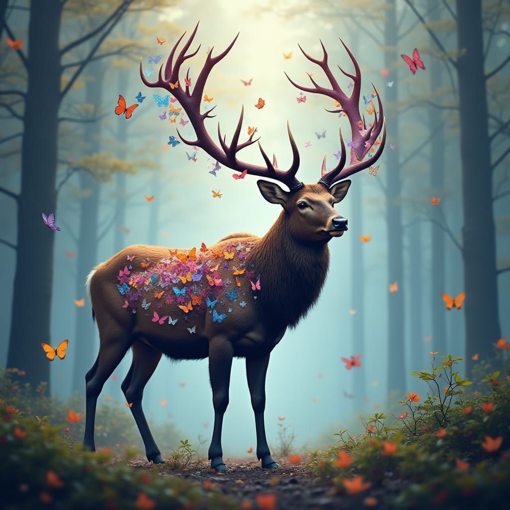 Majestic Stag Composed of Vibrant Butterflies in a Misty For...
