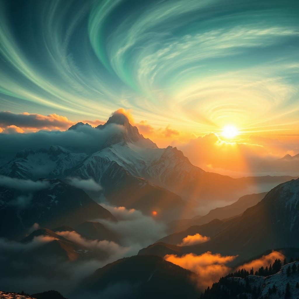 Snow-Crowned Mountains at Dawn, Wrapped in Ethereal Glowing...