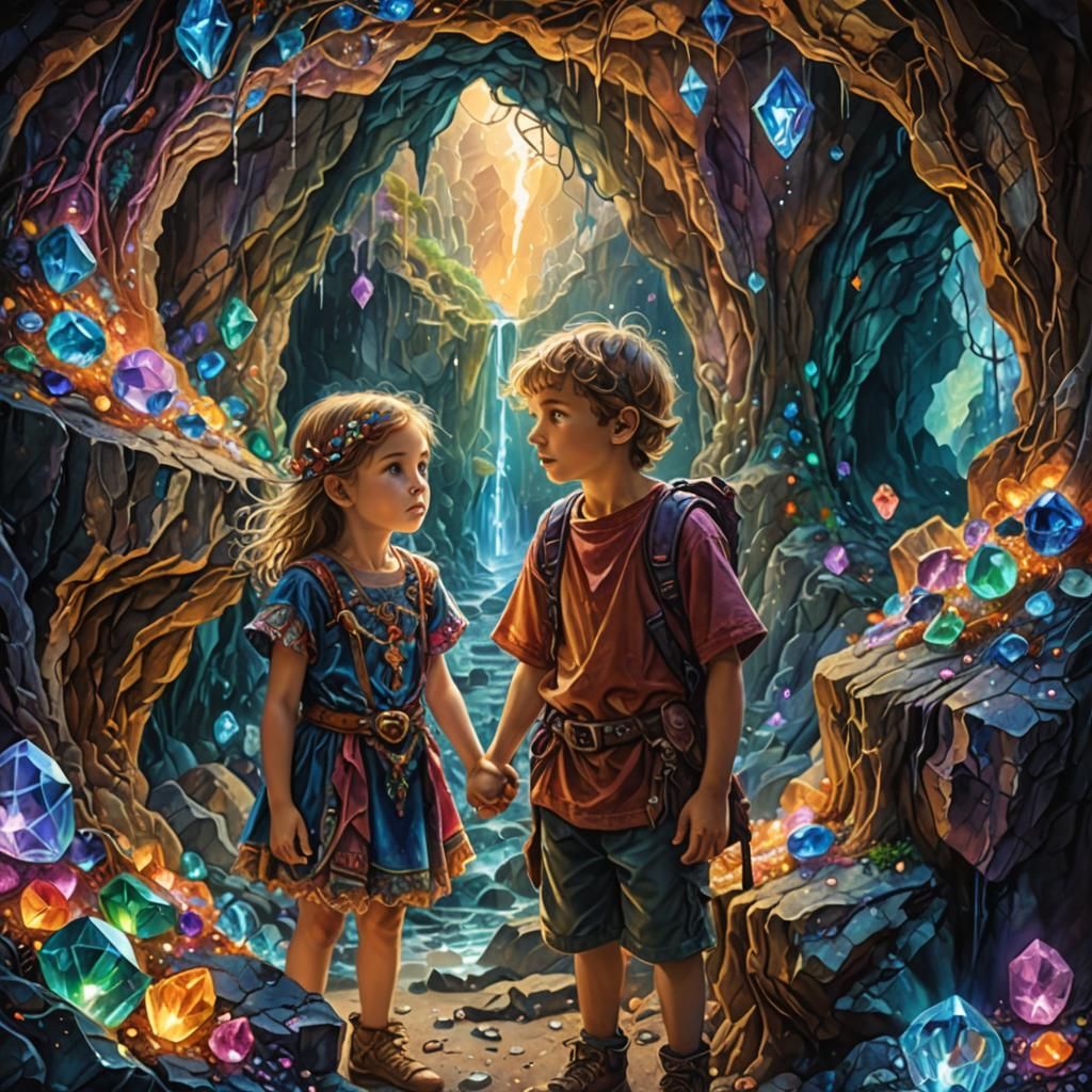 Children Explore Magical Gemstone Cave