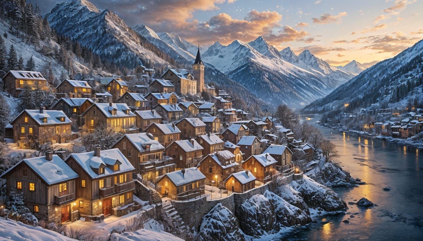 Cozy Mountain Village with Moonlit Glow