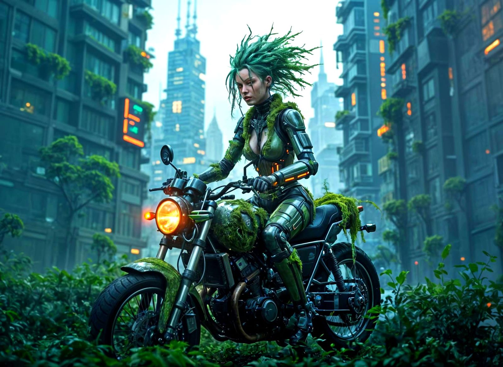Cyberpunk Dryad Hacker in Urban Forest Distortion