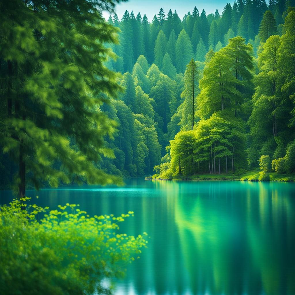 Blue Lake and Green Forest Photography