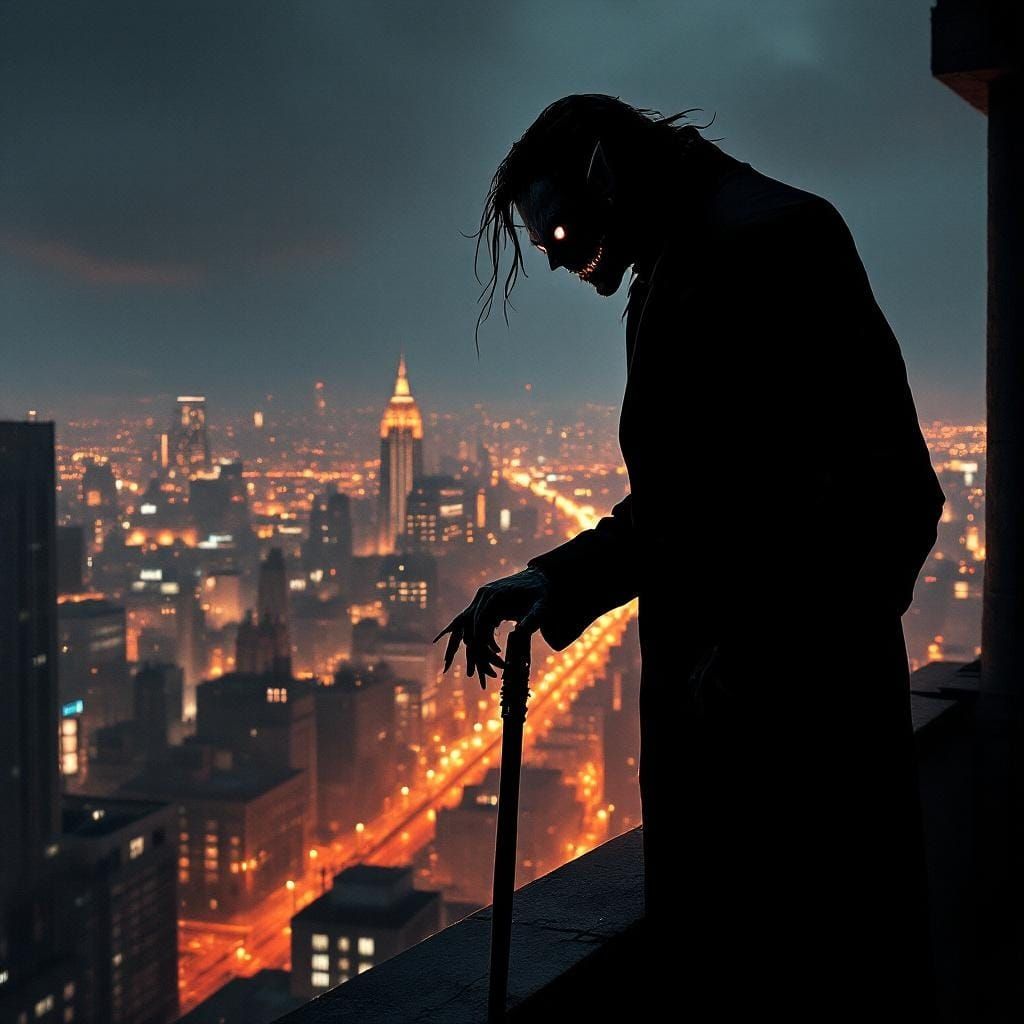 Dark Anime Demon Overlooking City Rooftop