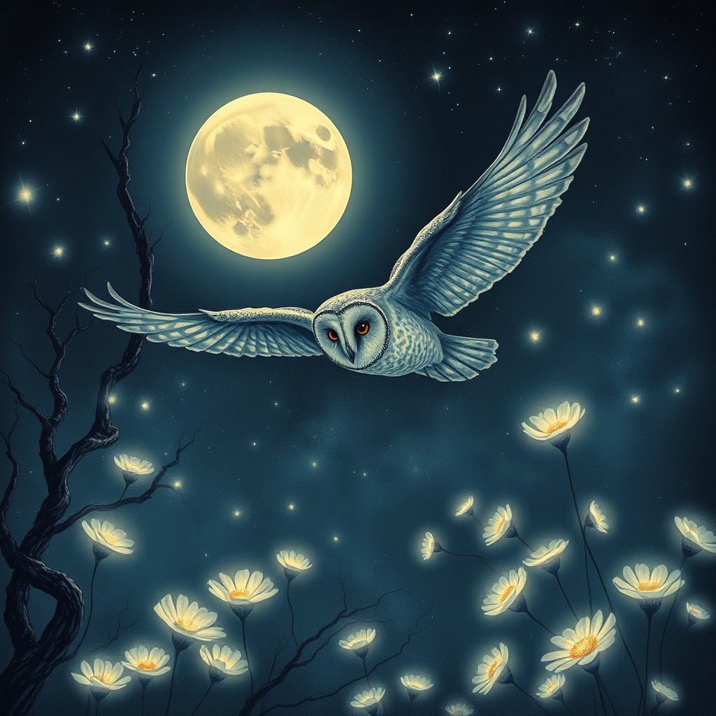 Barn Owl in Mystical Moonlit Landscape