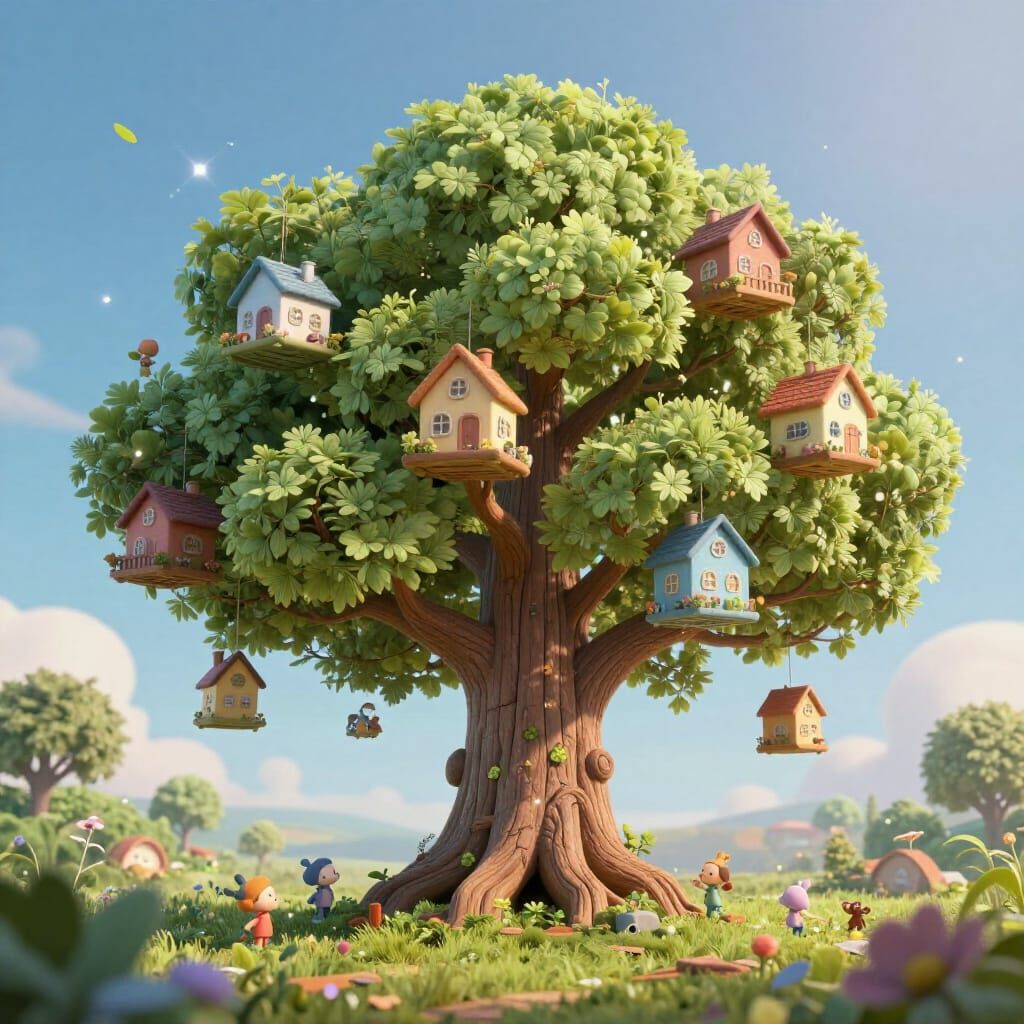 Enchanting 3D Tree with Floating Houses and Magical Particle...