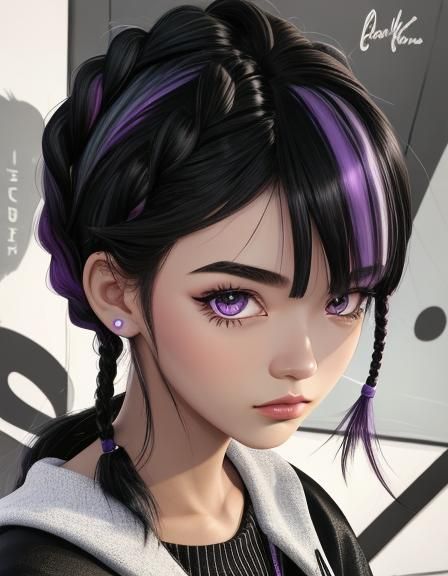 Cartoon Girl with Braids and Purple Highlights