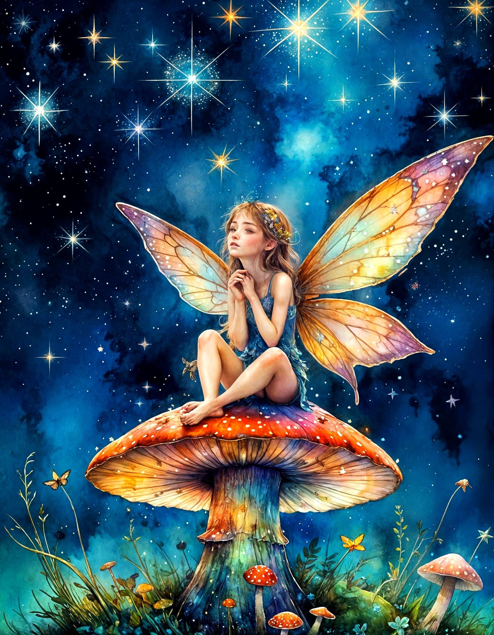 Dreamy Fairy Gazing at Twinkling Stars in Night Sky