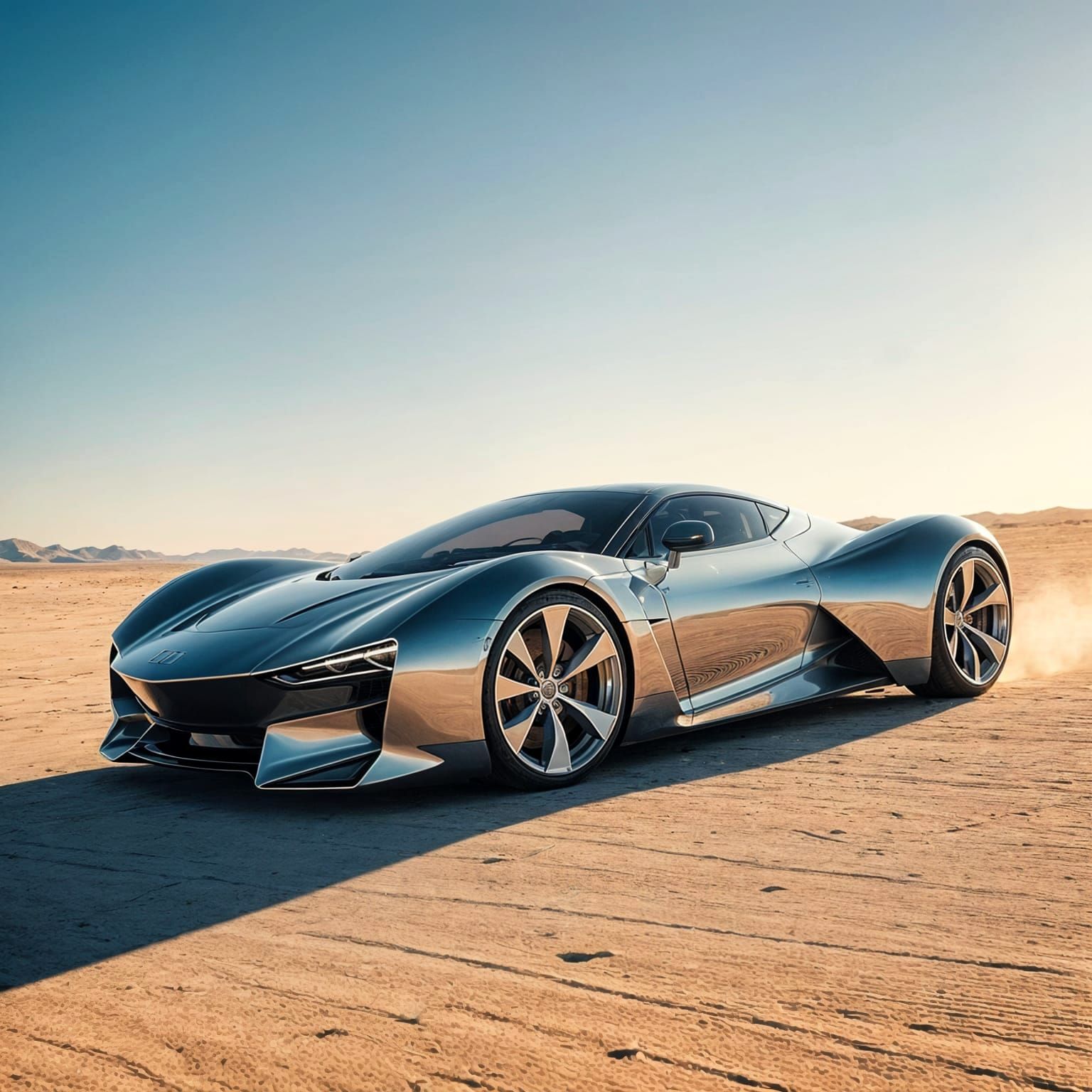 Generate an image of a futuristic supercar with an almost entirely mirrored, reflective chassis and matching wheels, giv...