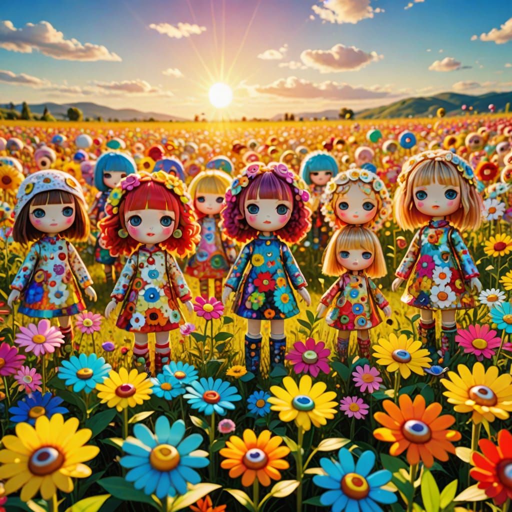 Vibrant Fantasy Dolls Stroll on a Sunny Meadow