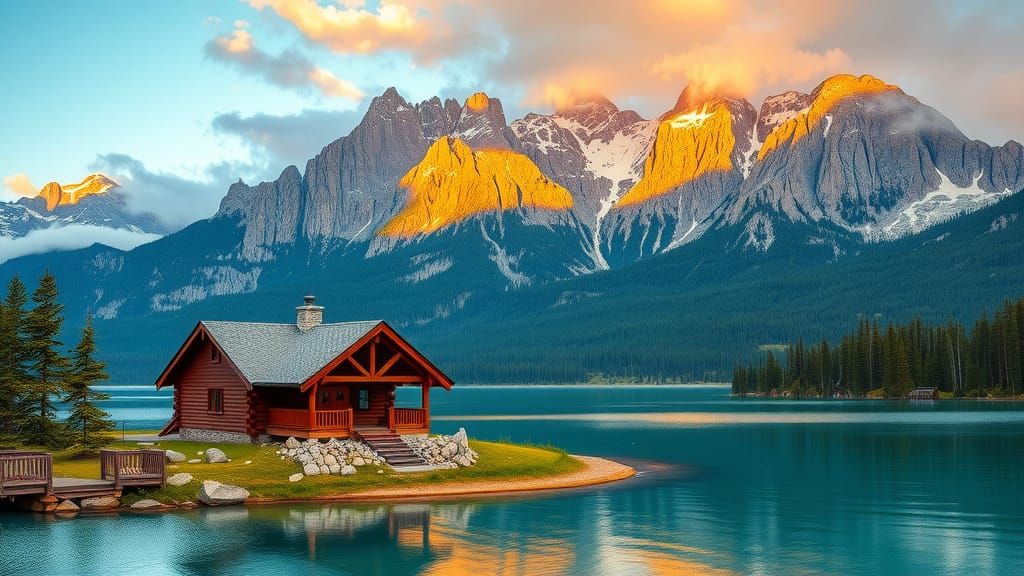 Majestic Log Cabin by Lake with Mountain Range