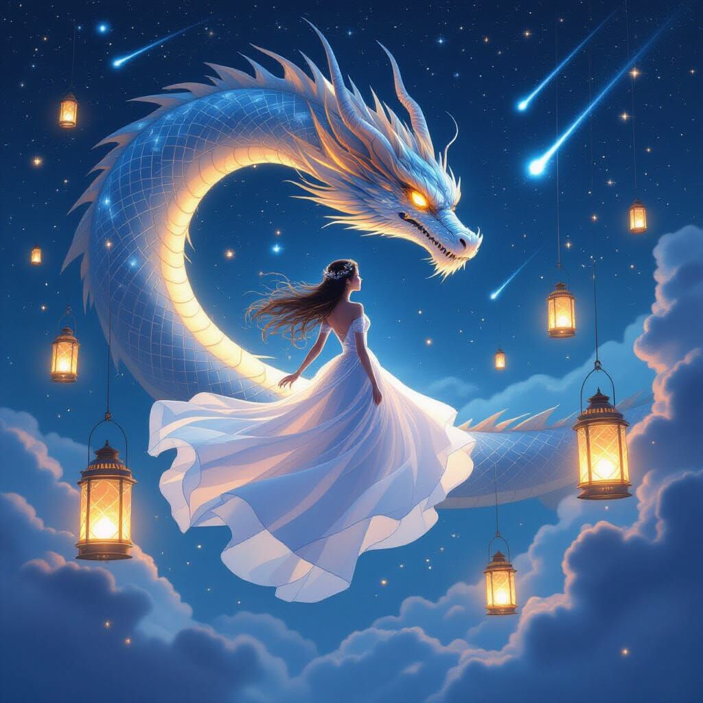 Celestial Maiden and Starlight Dragon in Space