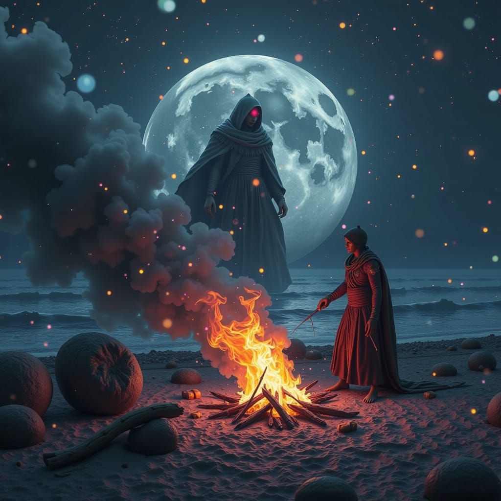 Ethereal Shaman on Moonlit Beach in Cinematic Style