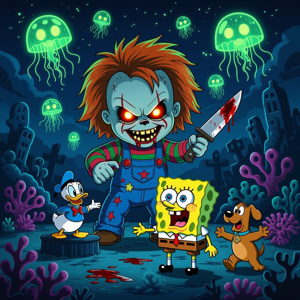 Creepy Chucky Doll Horror Cartoon Scene